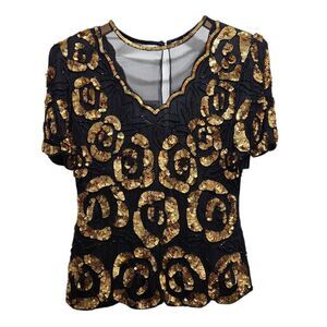 Lawrence Kazar silk sequin bread blouse gold black medium